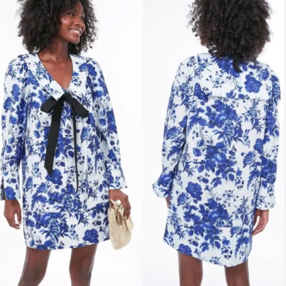 Tuckernuck Bella Dress Sapphire Bloom Blue White Floral Sailor Collar Size L EUC